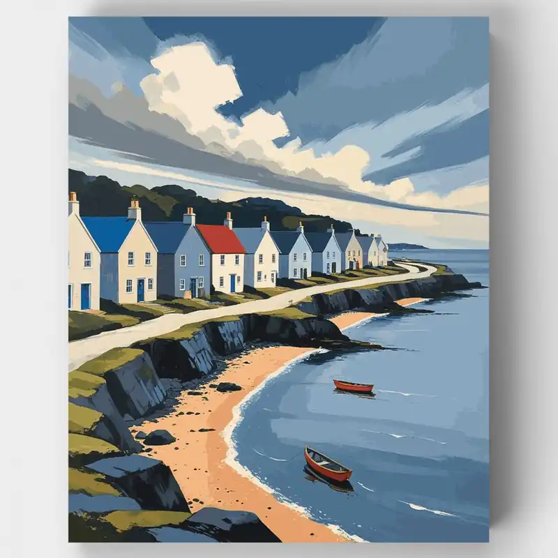 Pueblo Costero Escocés - Kit de pintar por números - Lienzo Enrollado / 24 Colores Precio Reducido