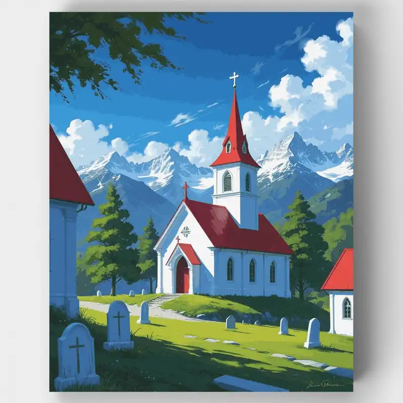 Máxima Calidad Iglesia Alpina con Vista de Montaña - Kit de pintar por números - Lienzo Enrollado / 24 Colores