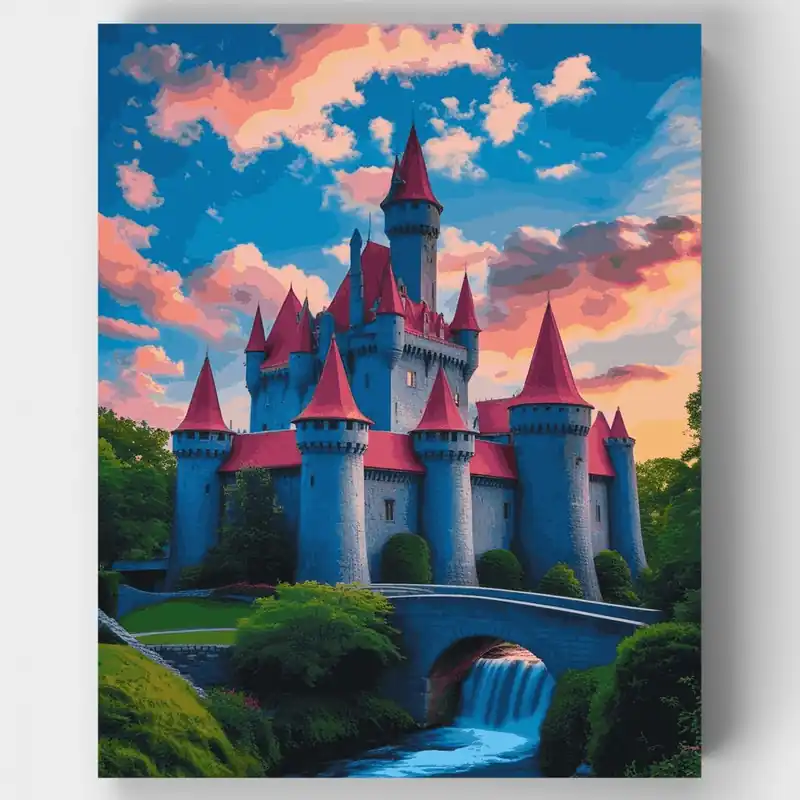 Castillo de Cuento de Hadas con Cascada - Kit de pintar por números - Lienzo Enrollado / 24 Colores Envío Exprés