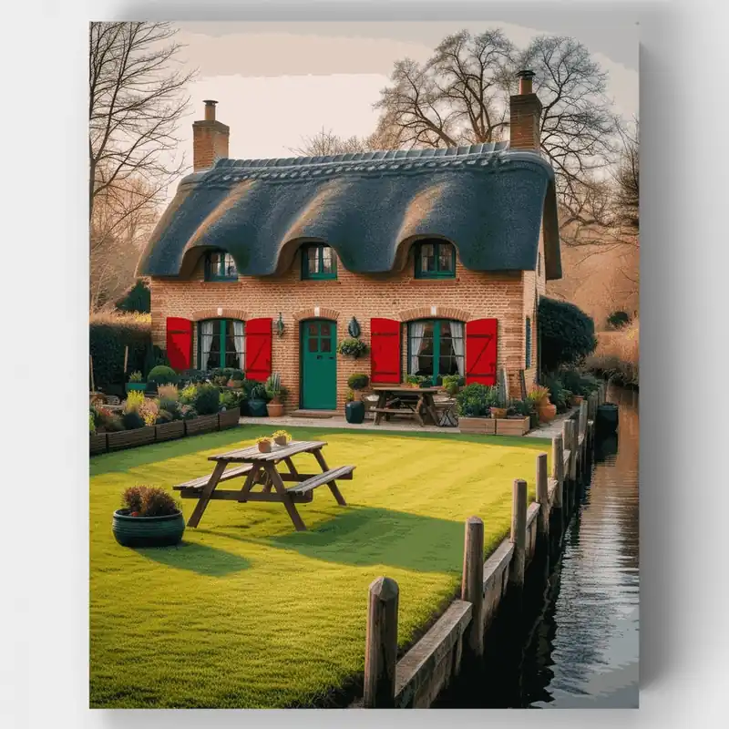 Casa de Campo Inglesa junto al Canal - Kit de pintar por números - Lienzo Enrollado / 24 Colores Popular