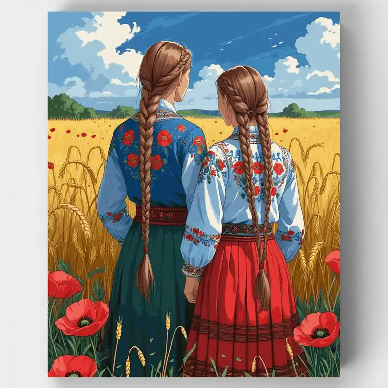 Hermanas Ucranianas en Vestimenta Tradicional - Kit de pintar por números - Lienzo Enrollado / 24 Colores Original