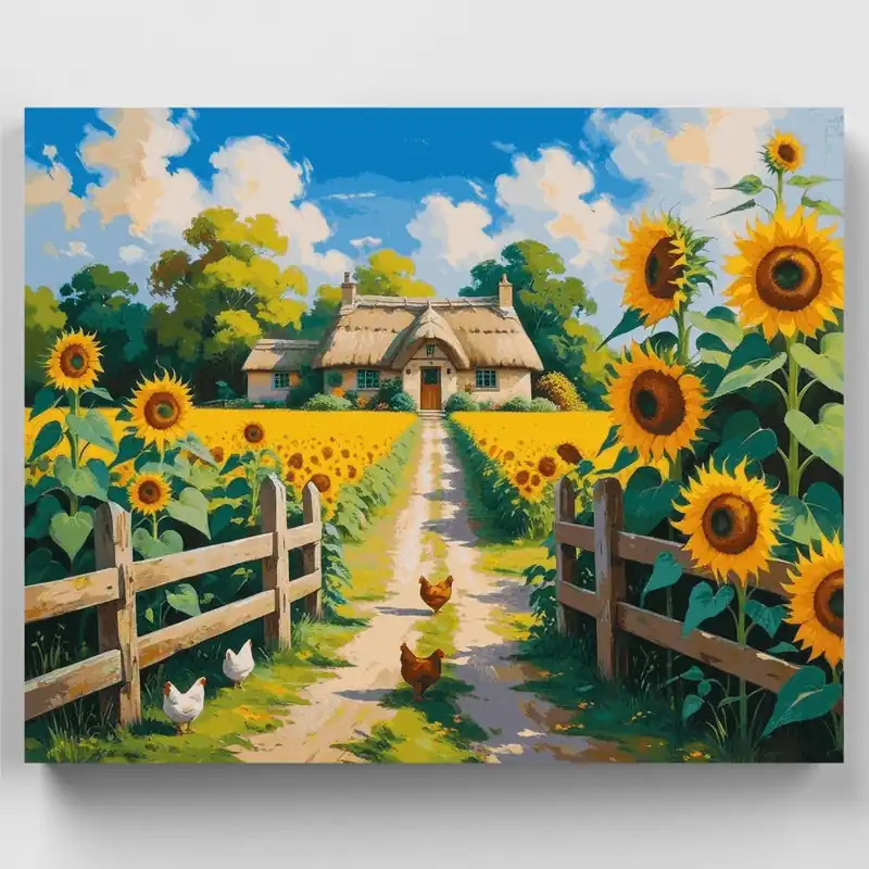 Precio De Fábrica Sendero de Cabaña de Girasoles - Kit de pintar por números - Lienzo Enrollado / 24 Colores