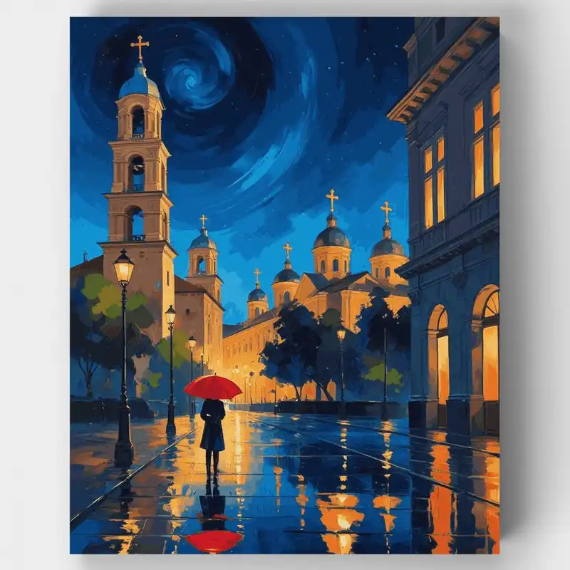 Marca Reconocida Plaza de la Catedral en Noche Lluviosa - Kit de pintar por números - Lienzo Enrollado / 24 Colores