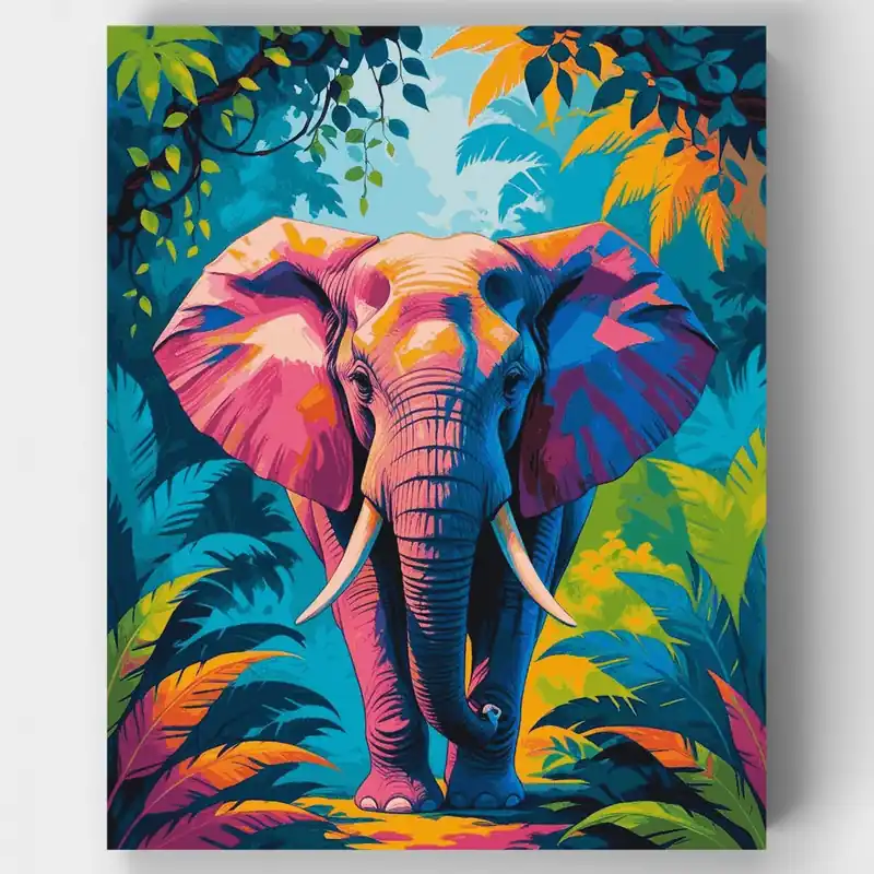 Premium Elefante de la Selva Vibrante - Kit de pintar por números - Lienzo Enrollado / 24 Colores