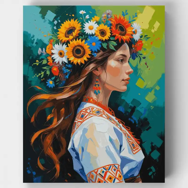 Alta Calidad Belleza Ucraniana con Corona de Girasoles - Kit de pintar por números - Lienzo Enrollado / 24 Colores