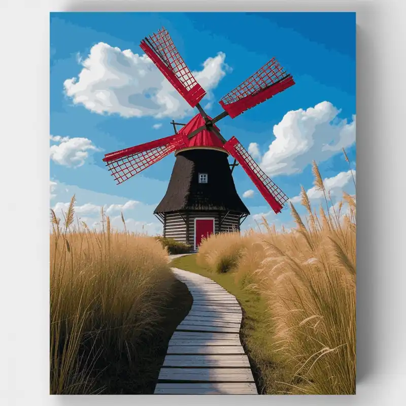 Auténtico Molino Rojo en Sendero de Madera - Kit de pintar por números - Lienzo Enrollado / 24 Colores