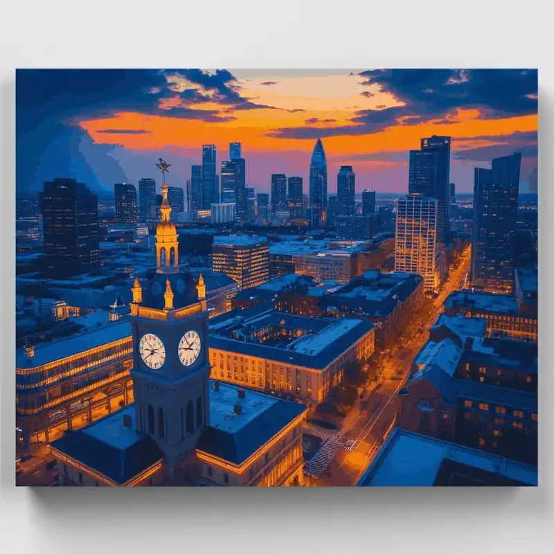 Horizonte de la Ciudad al Atardecer - Kit de pintar por números - Lienzo Enrollado / 24 Colores Ordena Ya