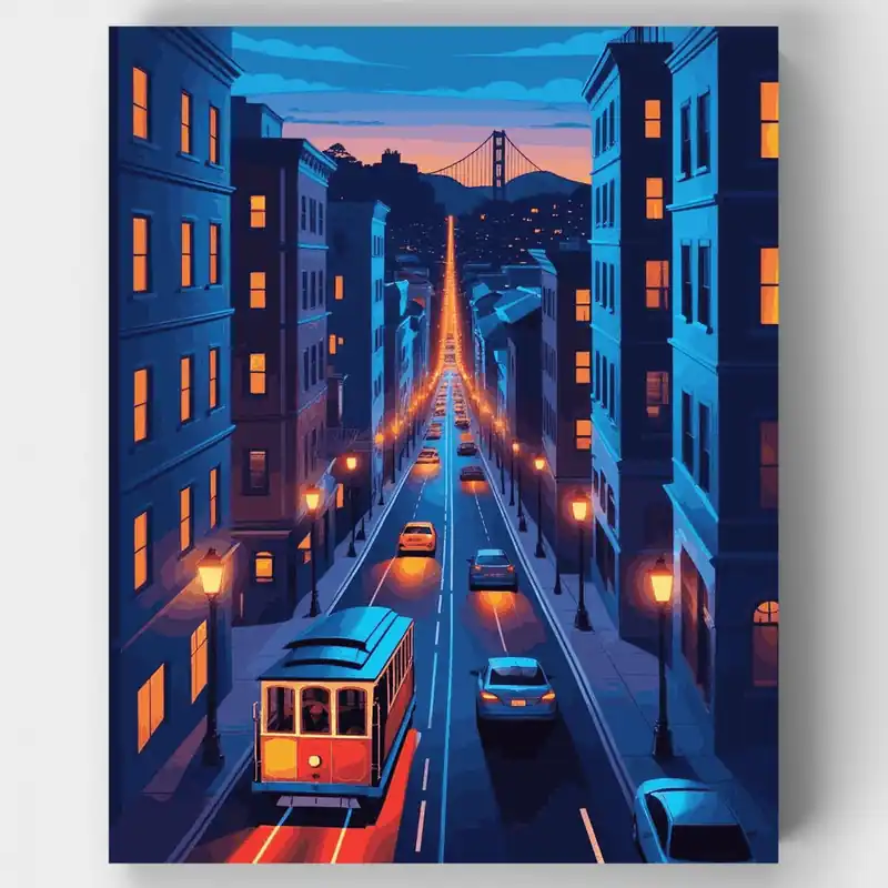 Tranvía de San Francisco al Atardecer - Kit de pintar por números - Lienzo Enrollado / 24 Colores Garantía Incluida