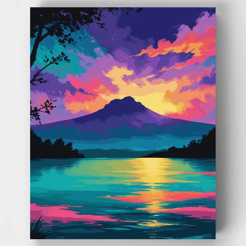 Atardecer de Montaña Tropical - Kit de pintar por números - Lienzo Enrollado / 24 Colores Barato