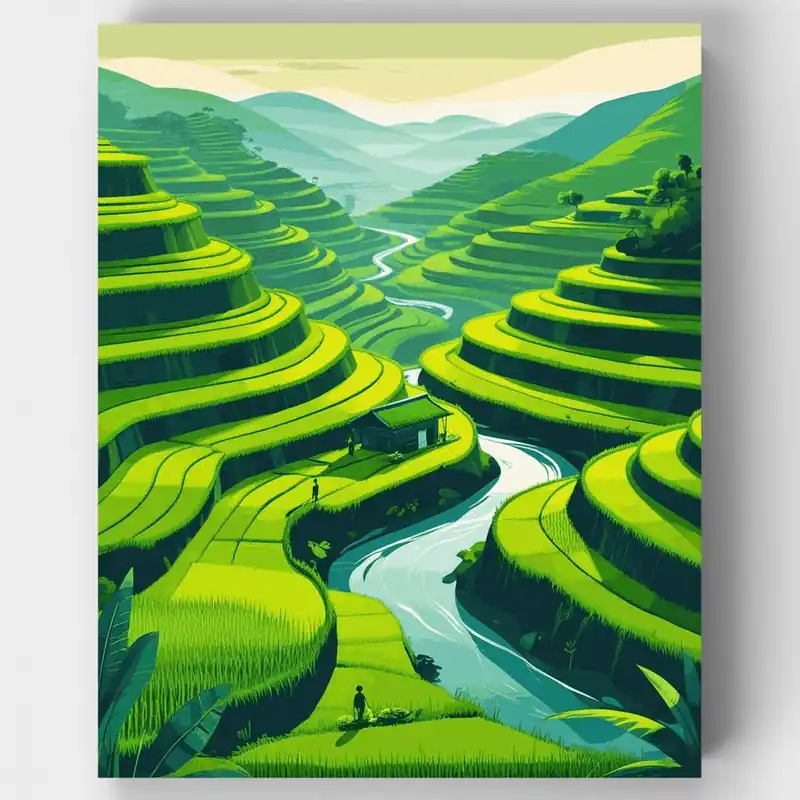 Valle de Campos de Arroz en Terrazas - Kit de pintar por números - Lienzo Enrollado / 24 Colores Popular