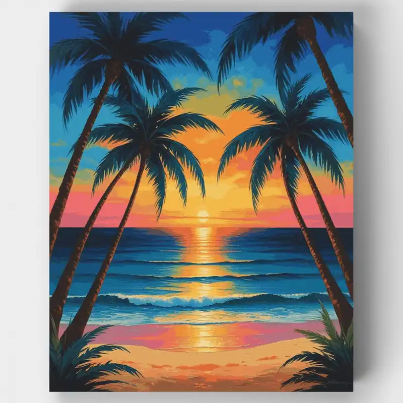 Precio De Fábrica Playa de Palmeras al Atardecer - Kit de pintar por números - Lienzo Enrollado / 24 Colores