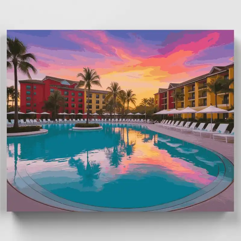 Garantía Incluida Paraíso Tropical Resort al Atardecer - Kit de pintar por números - Lienzo Enrollado / 24 Colores