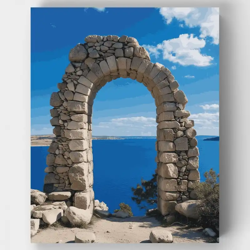 Auténtico Arco de Piedra Antiguo con Vista al Mar Azul - Kit de pintar por números - Lienzo Enrollado / 24 Colores