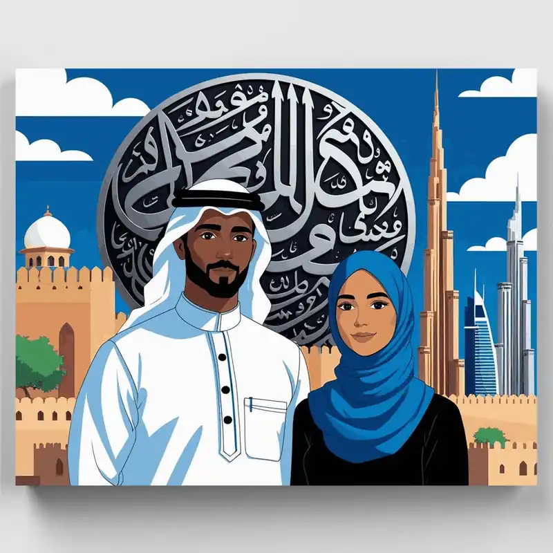 Oferta Pareja Emiratí con Horizonte de Dubái - Kit de pintar por números - Lienzo Enrollado / 24 Colores