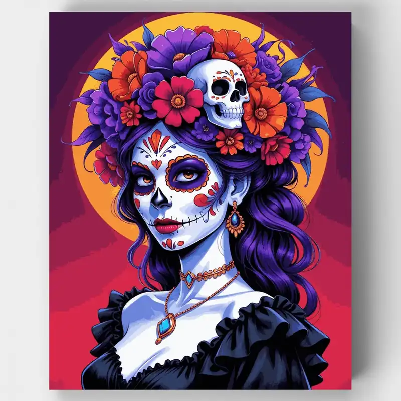 Envío Exprés Belleza con Corona Floral del Día de los Muertos - Kit de pintar por números - Lienzo Enrollado / 24 Colores