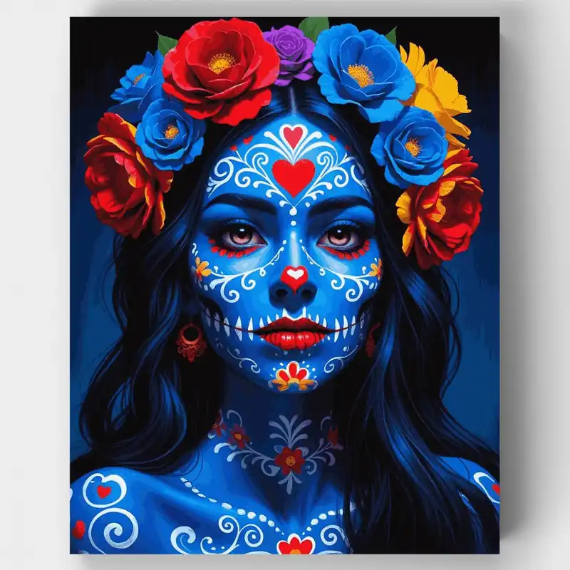 Envío Exprés Catrina Calavera de Azúcar Azul - Kit de pintar por números - Lienzo Enrollado / 24 Colores