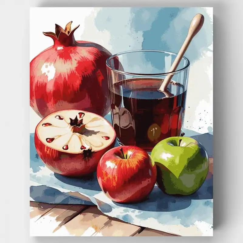 Económico Bodegón de Granada y Manzanas - Kit de pintar por números - Lienzo Enrollado / 24 Colores