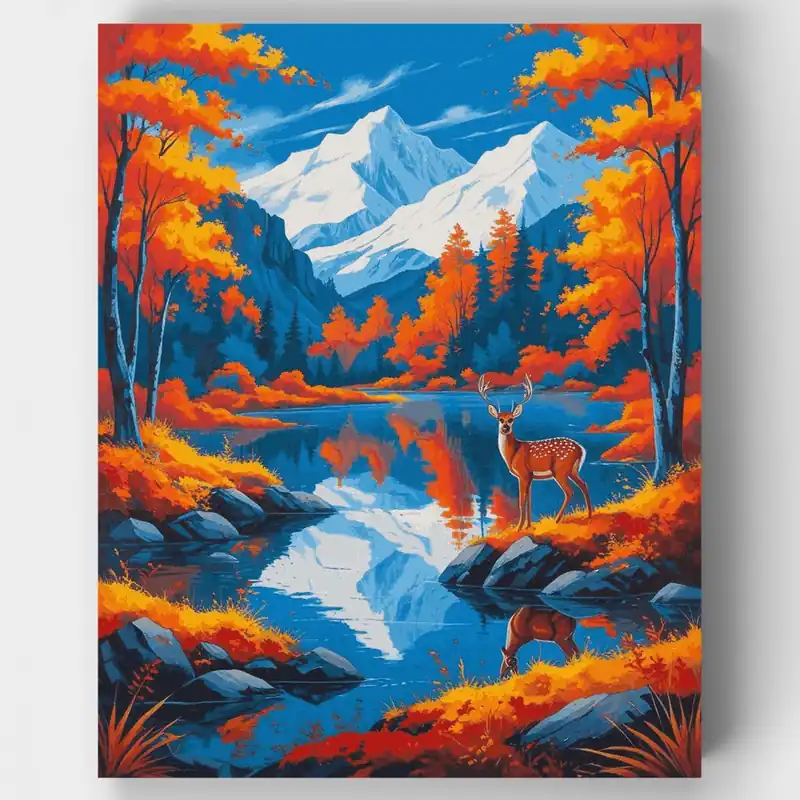 Entrega Rápida Lago de Montaña Otoñal con Ciervos - Kit de pintar por números - Lienzo Enrollado / 24 Colores