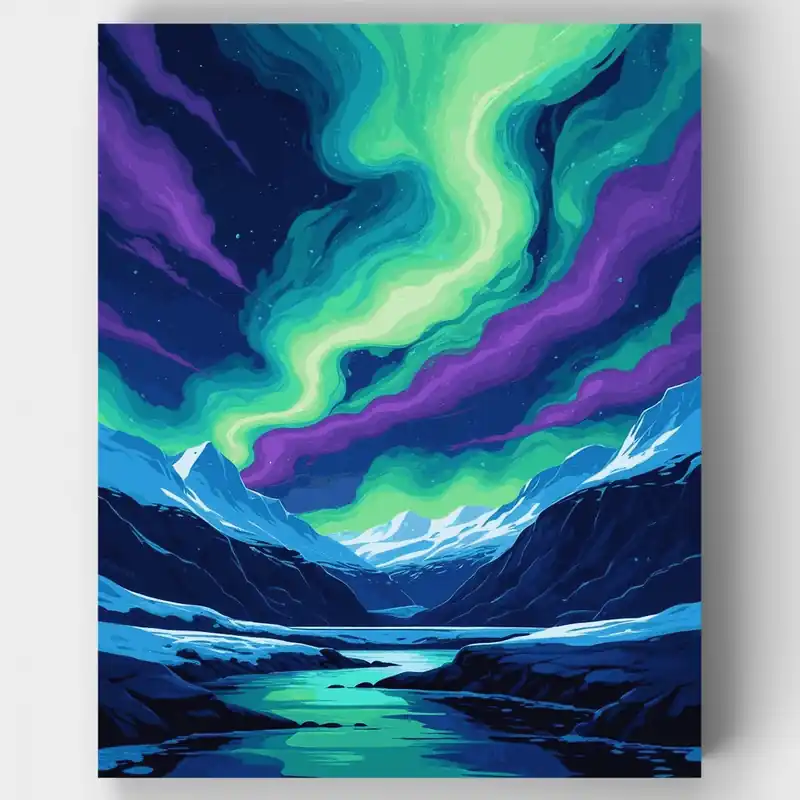 Auroras Boreales Sobre Montañas Nevadas - Kit de pintar por números - Lienzo Enrollado / 24 Colores Oferta Especial