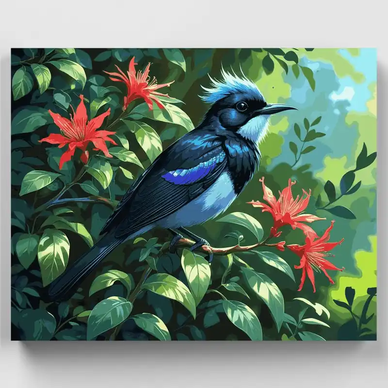 Auténtico Arrendajo Azul con Flores Rojas - Kit de pintar por números - Lienzo Enrollado / 24 Colores