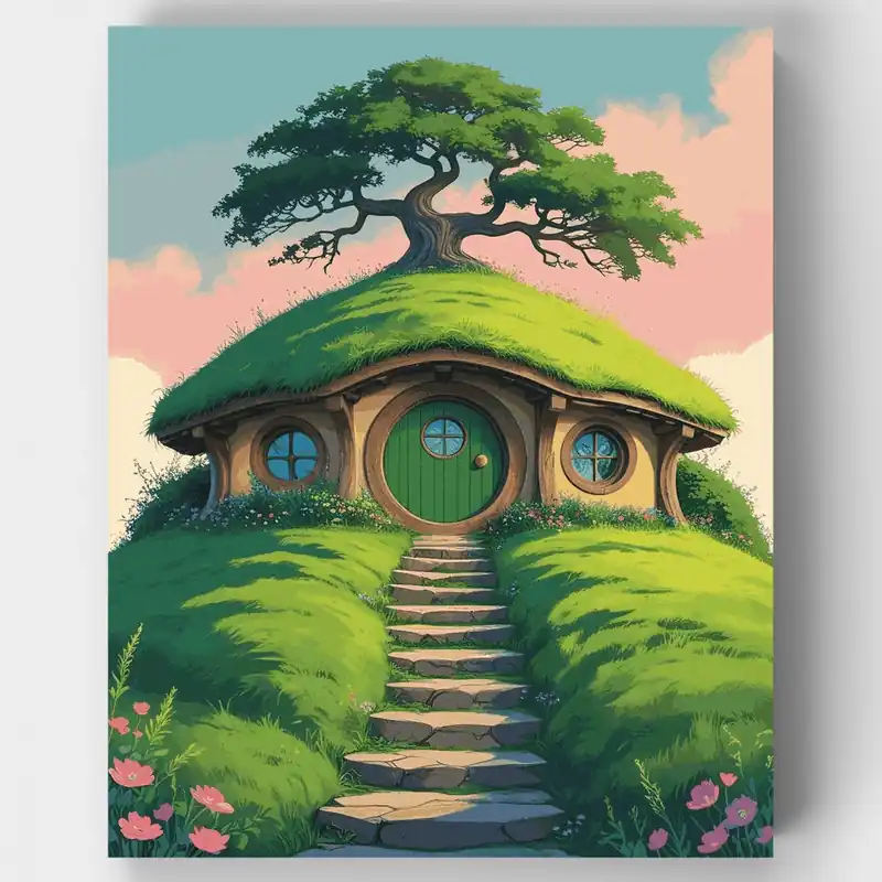 Casa Hobbit con Árbol - Kit de pintar por números - Lienzo Enrollado / 24 Colores Favorito De Clientes