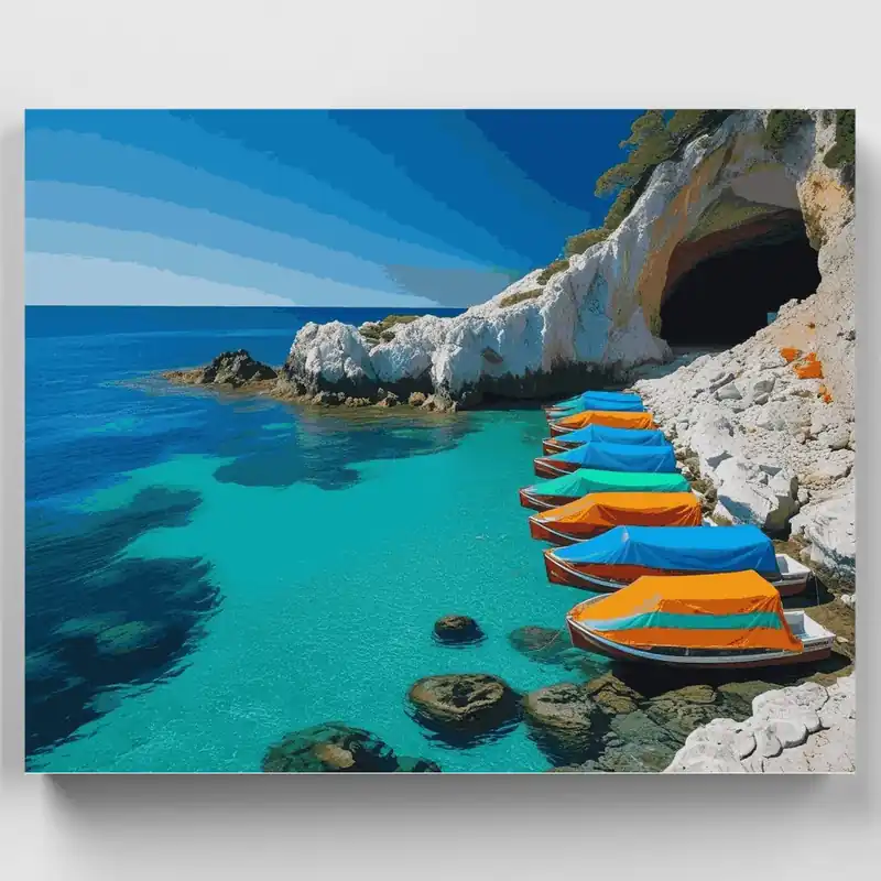 Cala Costera Mediterránea con Barcos Coloridos - Kit de pintar por números - Lienzo Enrollado / 24 Colores Liquidación