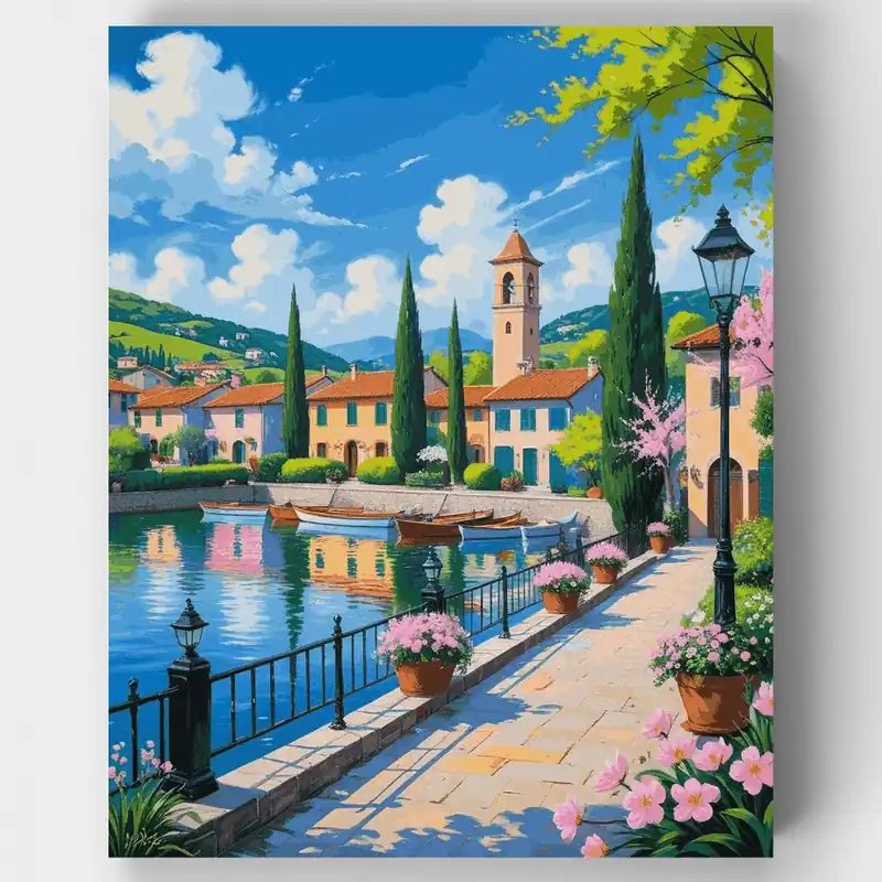 Pueblo Italiano junto al Lago - Kit de pintar por números - Lienzo Enrollado / 24 Colores Más Vendido