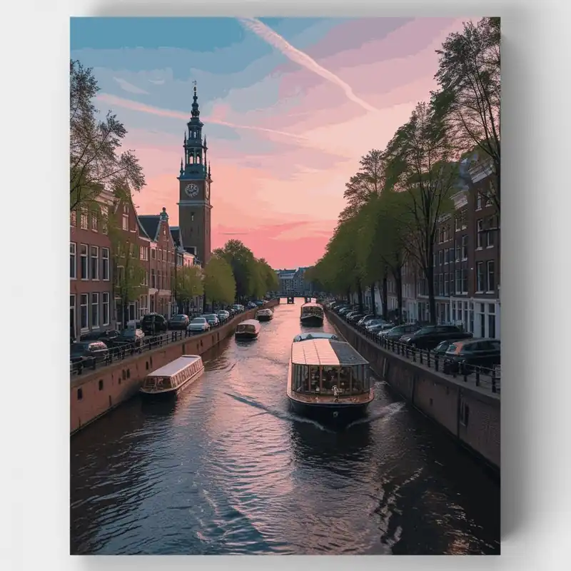 Canal de Ámsterdam al Atardecer - Kit de pintar por números - Lienzo Enrollado / 24 Colores Compra Ahora
