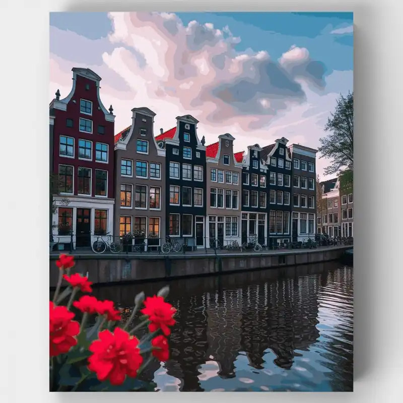 Súper Precio Casas del Canal de Ámsterdam al Atardecer - Kit de pintar por números - Lienzo Enrollado / 24 Colores