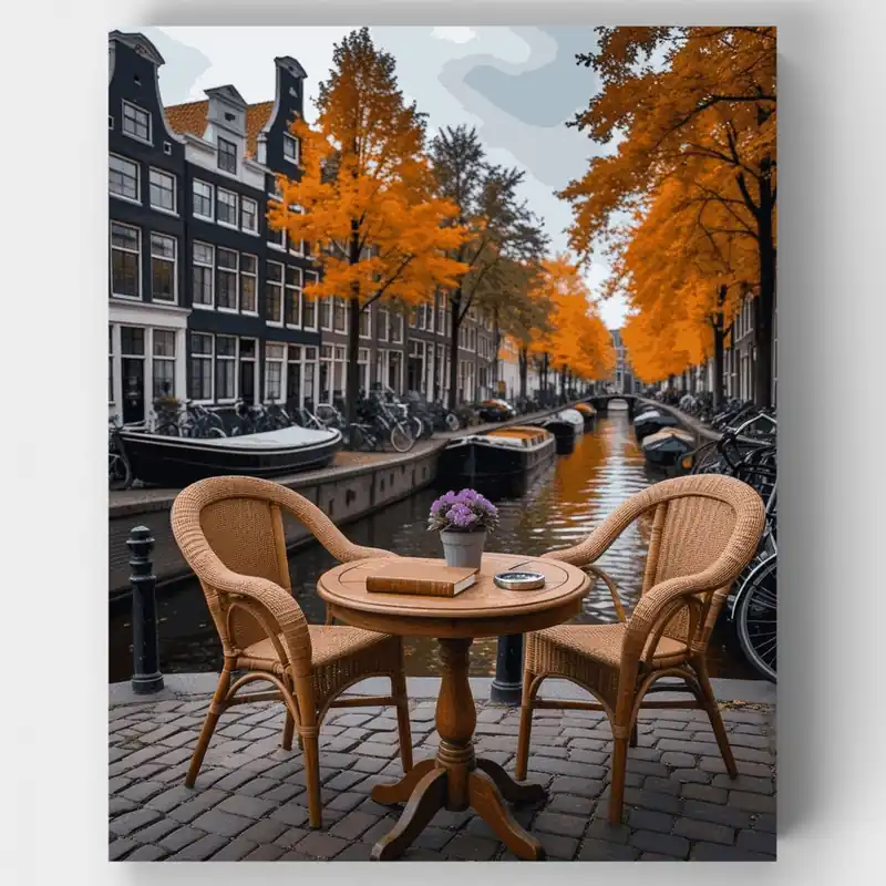 Café de Otoño en el Canal de Ámsterdam - Kit de pintar por números - Lienzo Enrollado / 24 Colores Ordenar Ahora Mismo