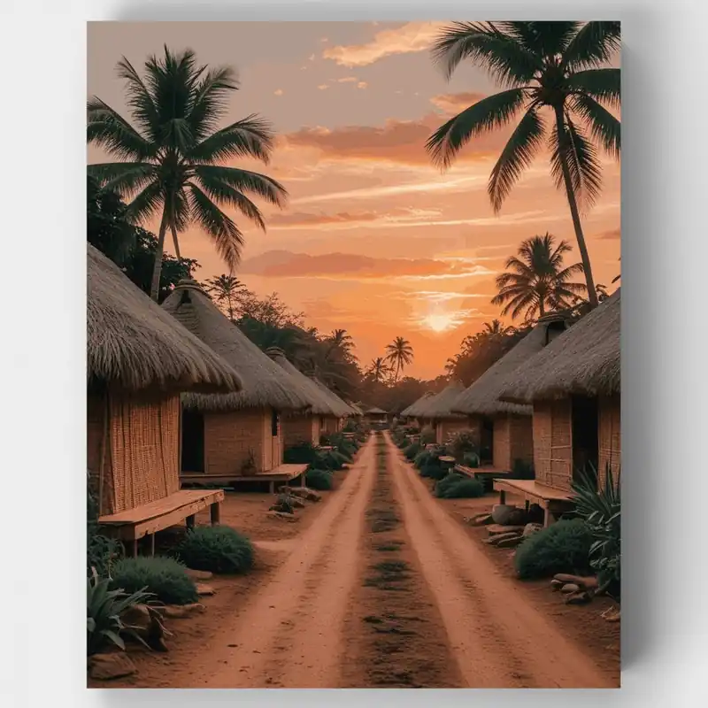 Atardecer en Pueblo Tropical - Kit de pintar por números - Lienzo Enrollado / 24 Colores Pago Seguro