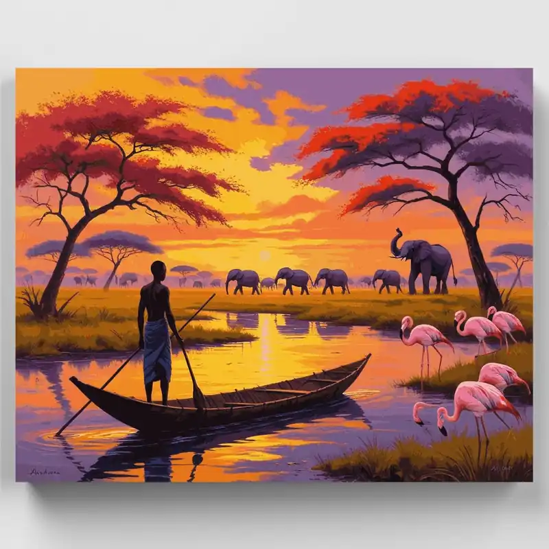 Devolución Gratuita Atardecer en Río Africano con Elefantes y Flamencos - Kit de pintar por números - Lienzo Enrollado / 24 Colores