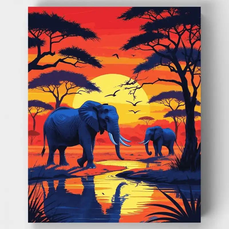 Stock Limitado Elefantes Africanos en Abrevadero al Atardecer - Kit de pintar por números - Lienzo Enrollado / 24 Colores