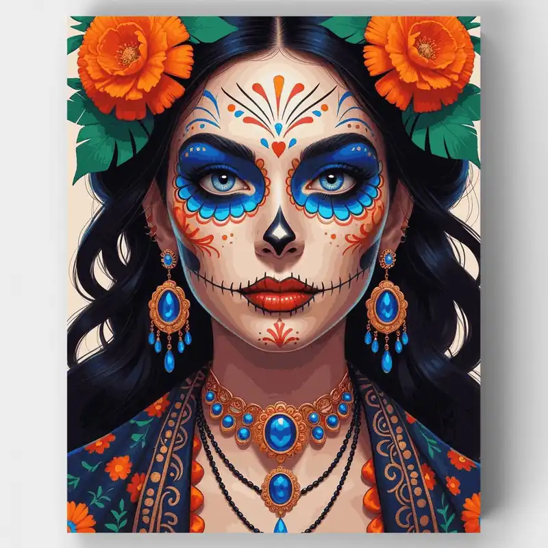 Envío Internacional Retrato del Día de los Muertos - Kit de pintar por números - Lienzo Enrollado / 24 Colores