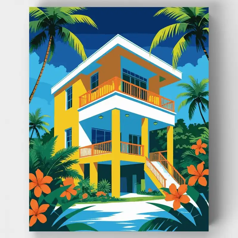 Precio De Oferta Casa de Playa Tropical Paraíso - Kit de pintar por números - Lienzo Enrollado / 24 Colores