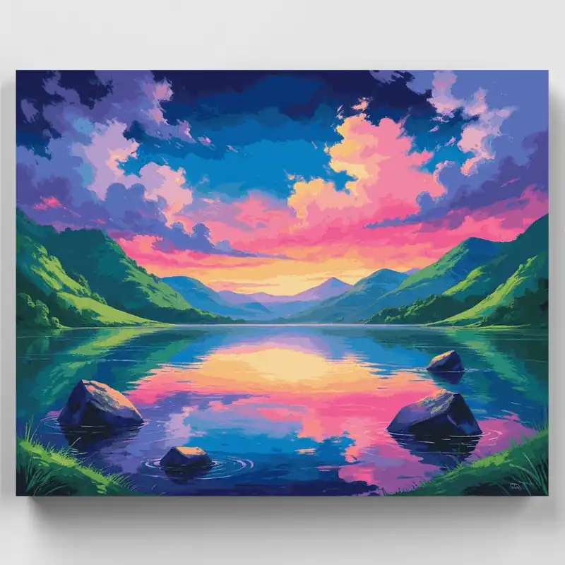 Valle del Lago al Atardecer - Kit de pintar por números - Lienzo Enrollado / 24 Colores Precio Económico