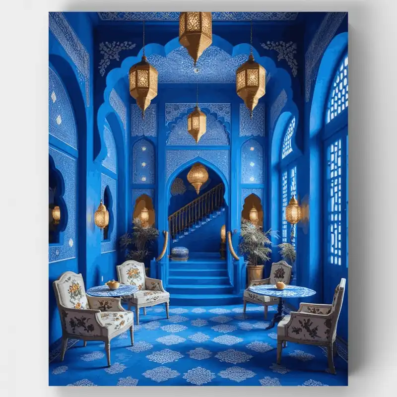 Interior del Palacio Azul Marroquí - Kit de pintar por números - Lienzo Enrollado / 24 Colores Más Vendido