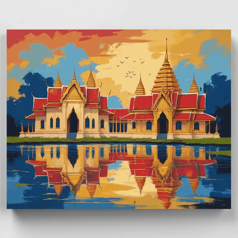 Profesional Templo Tailandés al Atardecer - Kit de pintar por números - Lienzo Enrollado / 24 Colores