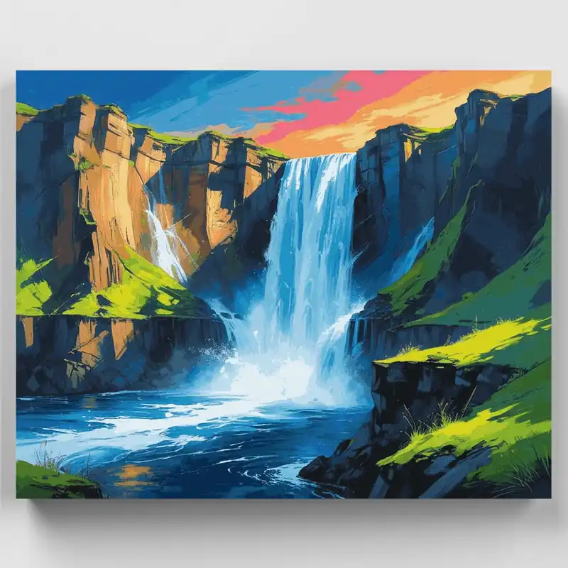Cascada Dramática del Cañón al Atardecer - Kit de pintar por números - Lienzo Enrollado / 24 Colores Original