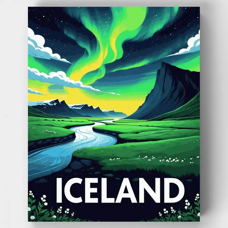Popular Valle de Aurora Islandesa - Kit de pintar por números - Lienzo Enrollado / 24 Colores