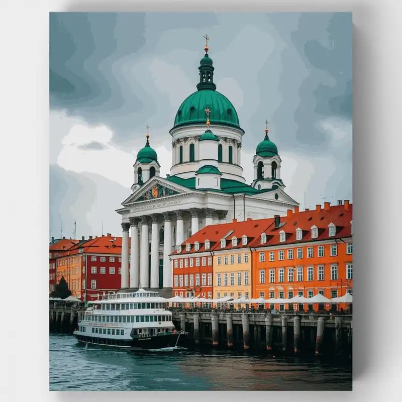 Catedral de Helsinki Frente al Mar - Kit de pintar por números - Lienzo Enrollado / 24 Colores Gran Oferta