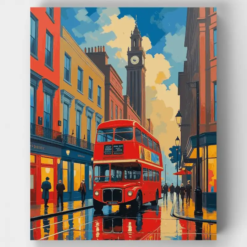 Calle de Londres con Autobús Rojo de Dos Pisos - Kit de pintar por números - Lienzo Enrollado / 24 Colores Popular