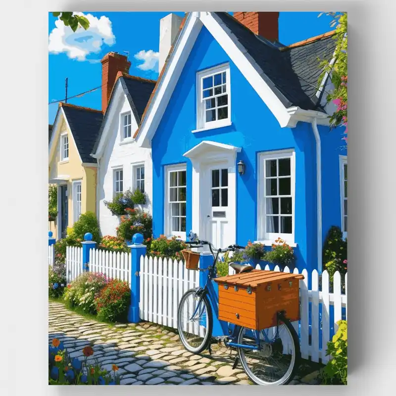 Encantadora Calle de Casas Azules - Kit de pintar por números - Lienzo Enrollado / 24 Colores No Te Lo Pierdas