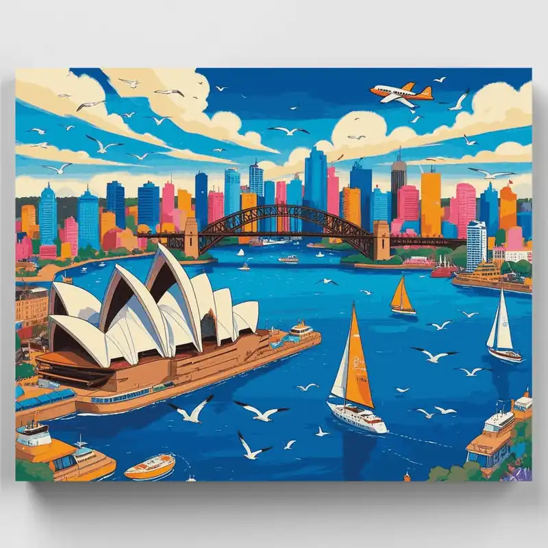 Casa de la Ópera del Puerto de Sídney - Kit de pintar por números - Lienzo Enrollado / 24 Colores Promoción Exclusiva