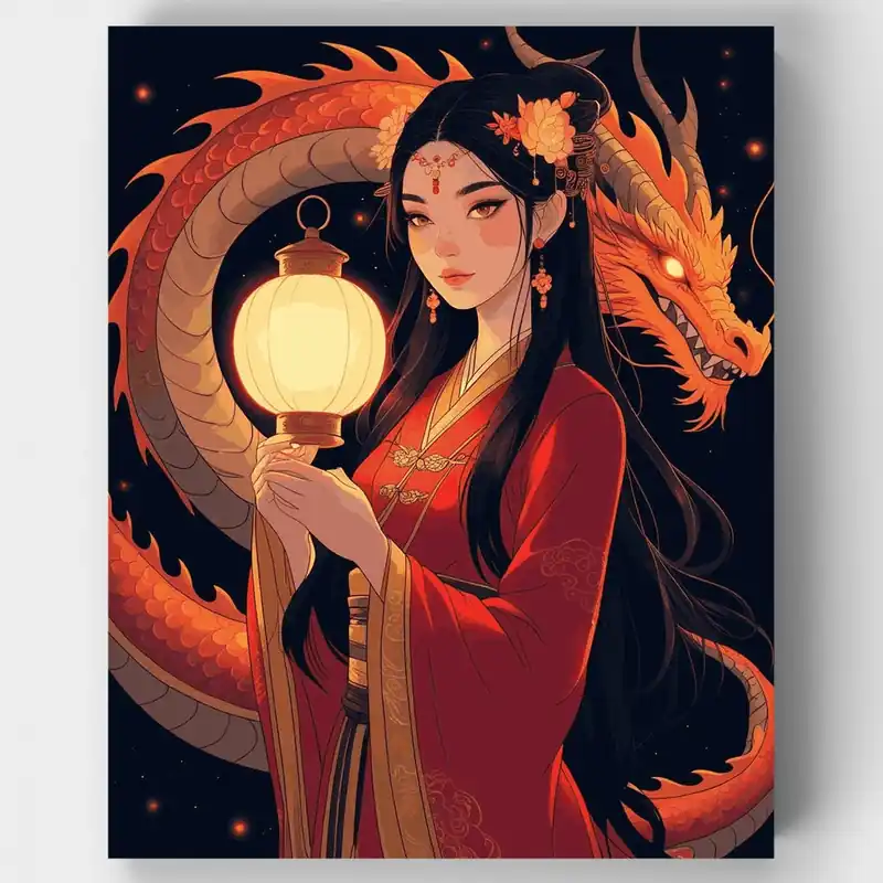 Precio De Oferta Dama China del Dragón con Linterna - Kit de pintar por números - Lienzo Enrollado / 24 Colores