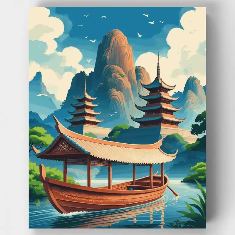 Viaje en Barco por Pagoda China - Kit de pintar por números - Lienzo Enrollado / 24 Colores Oferta Especial