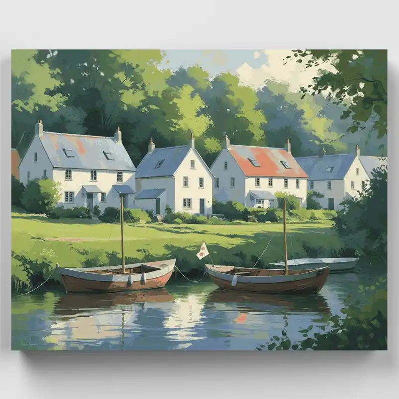 Casas de Campo junto al Río - Kit de pintar por números - Lienzo Enrollado / 24 Colores Envío Inmediato