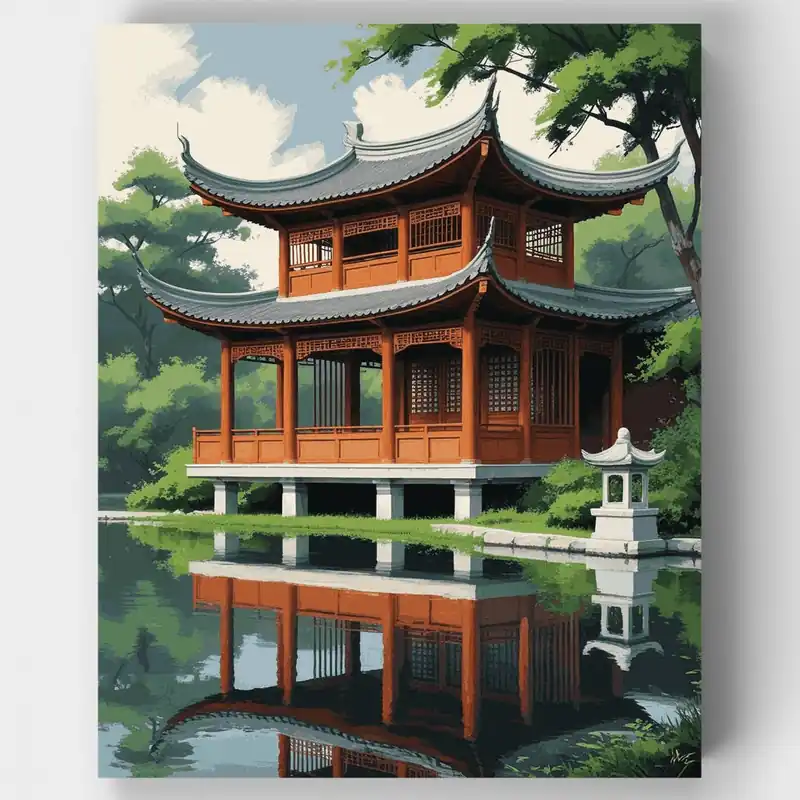 Máxima Calidad Pagoda China Tradicional junto al Lago - Kit de pintar por números - Lienzo Enrollado / 24 Colores