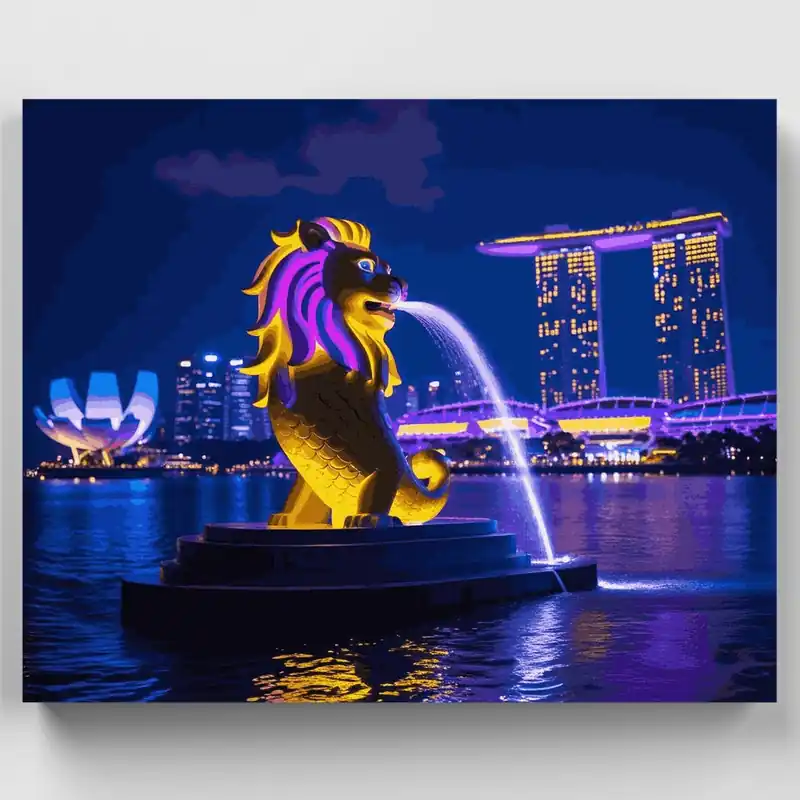 Fuente Merlion de Singapur de Noche - Kit de pintar por números - Lienzo Enrollado / 24 Colores Máxima Calidad