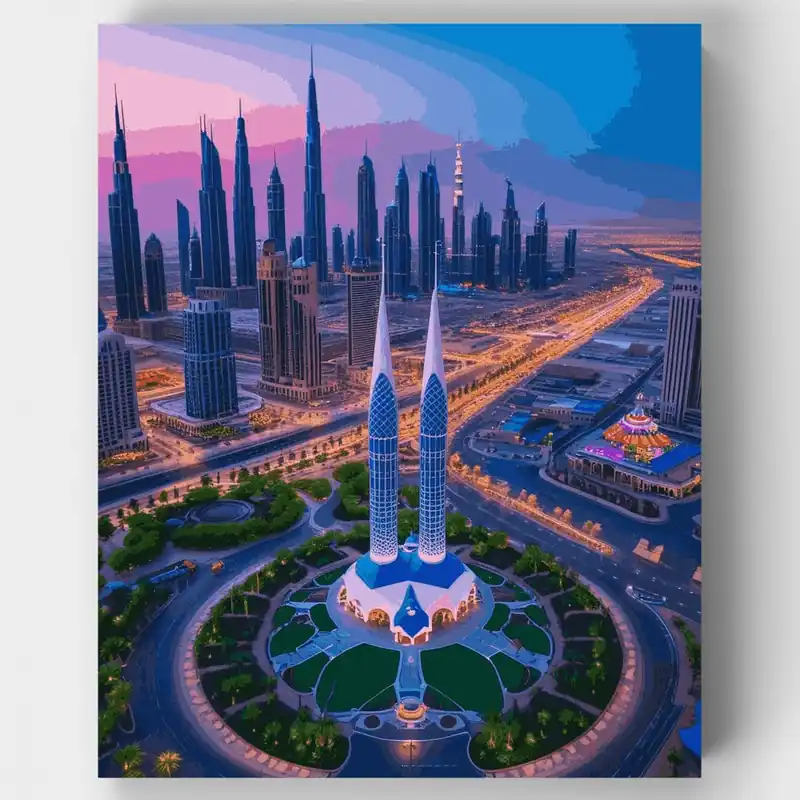 Horizonte de la Ciudad de Kuwait con Torres Gemelas - Kit de pintar por números - Lienzo Enrollado / 24 Colores Oferta